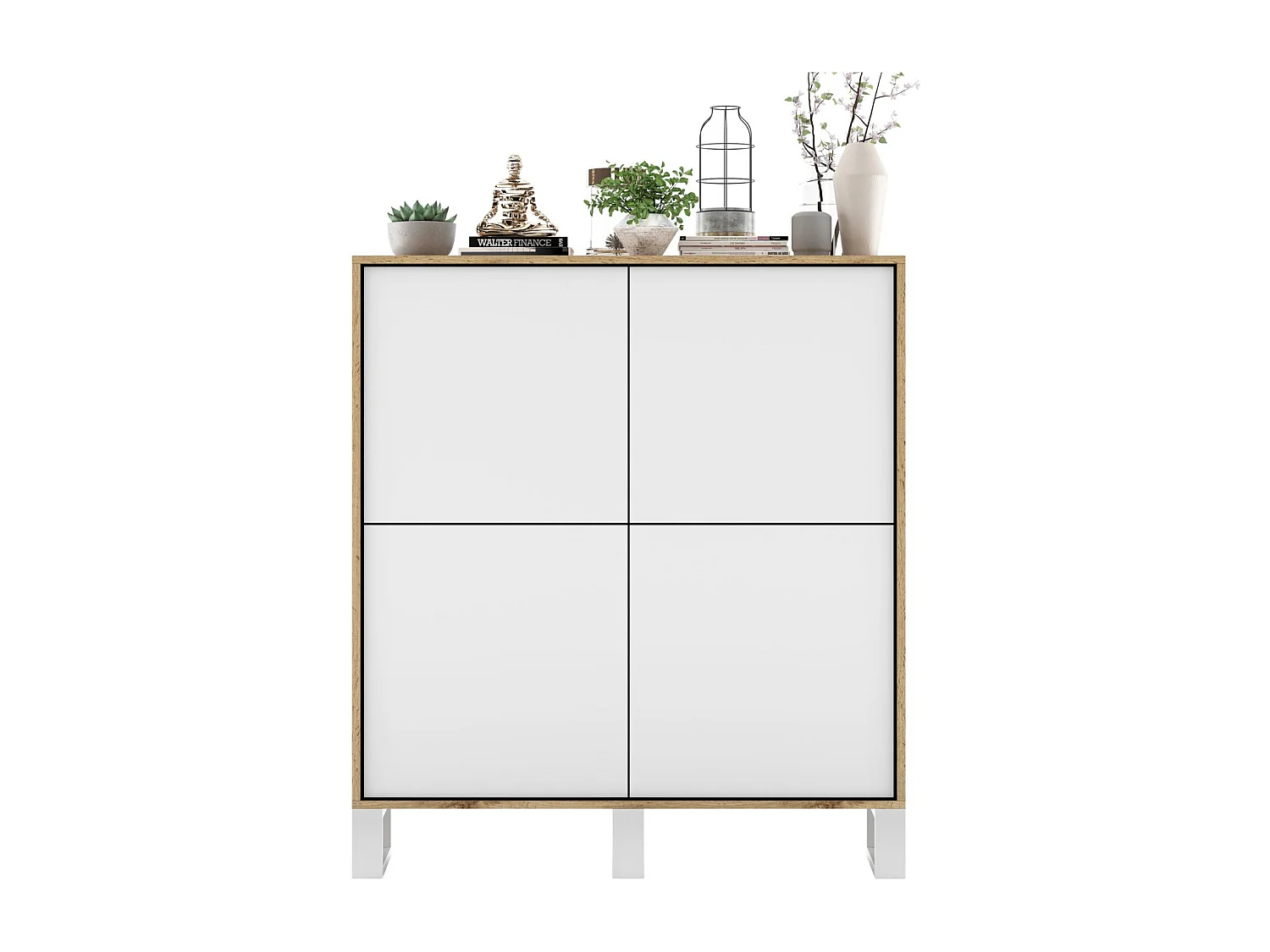 Commode avec 4 portes  - carcasse chêne wotan façades blanc mat - 113 cm, pieds en métal
