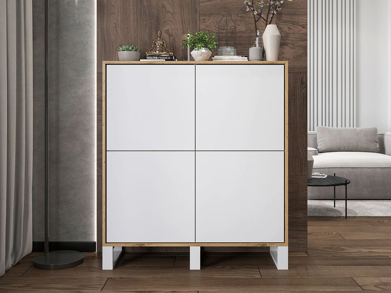 Commode avec 4 portes  - carcasse chêne wotan façades blanc mat - 113 cm, pieds en métal