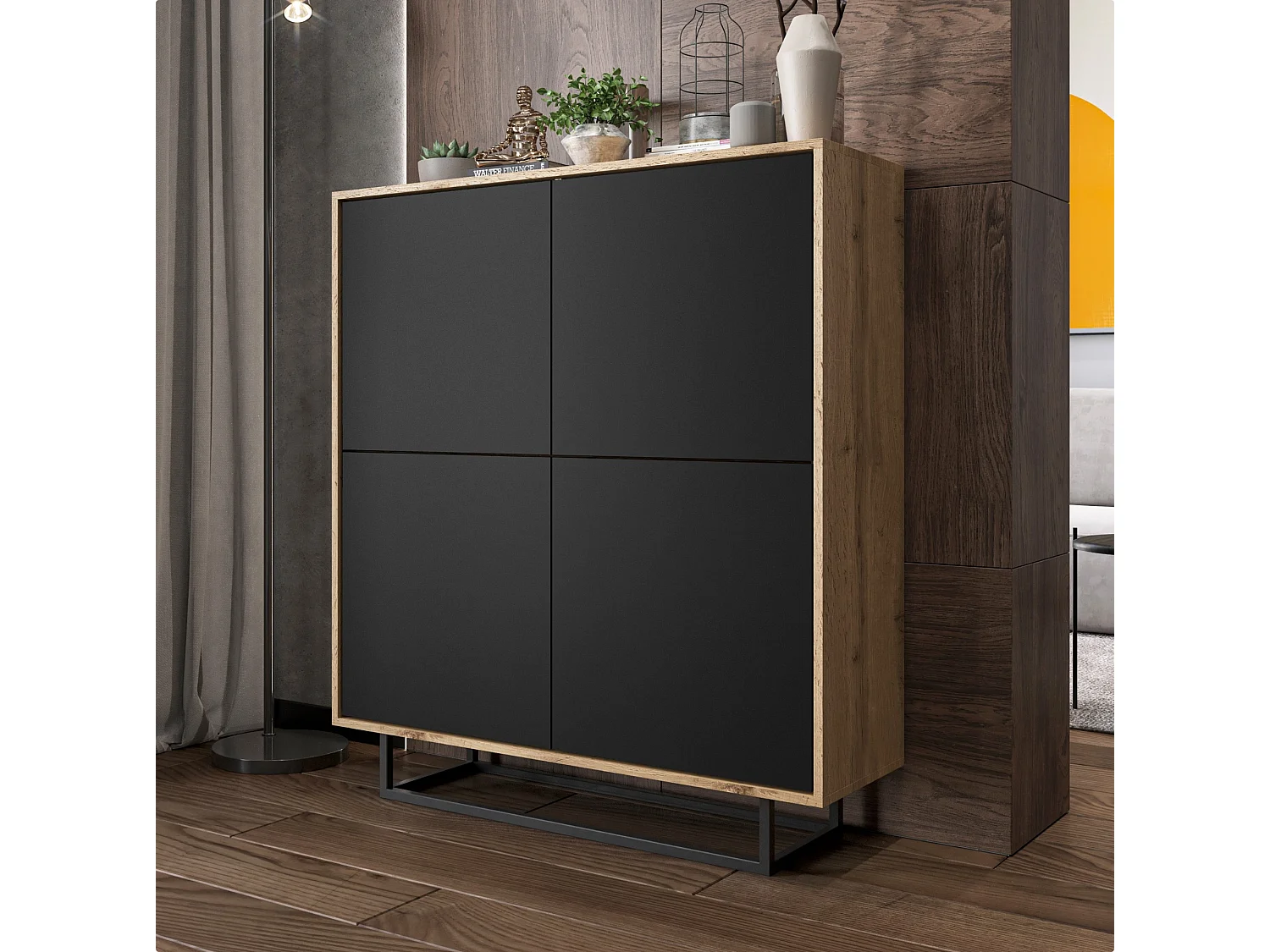 Commode avec 4 portes  - carcasse chêne wotan façades noir mat - 113 cm, cadre métallique