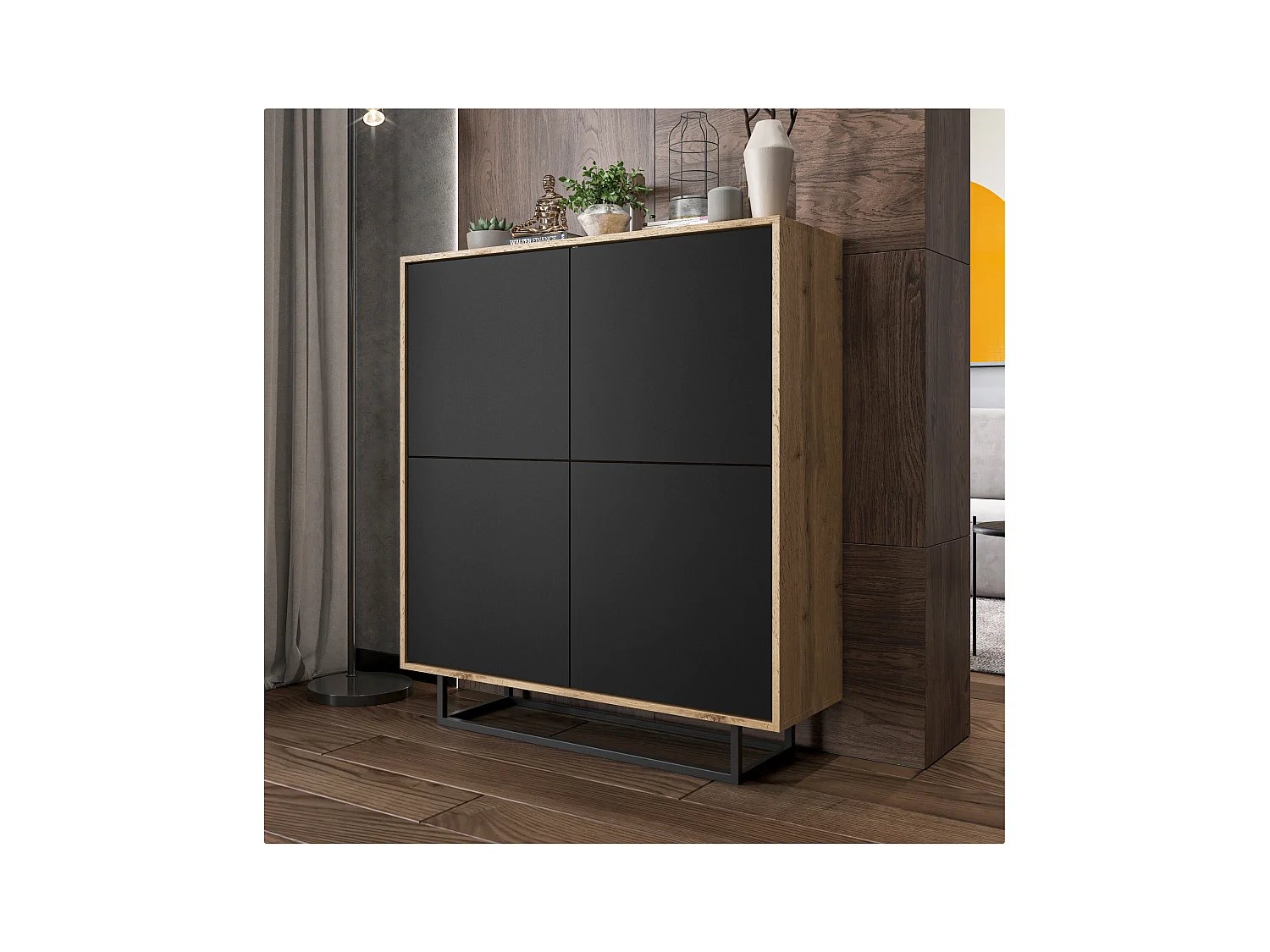 Commode avec 4 portes  - carcasse chêne wotan façades noir mat - 113 cm, cadre métallique