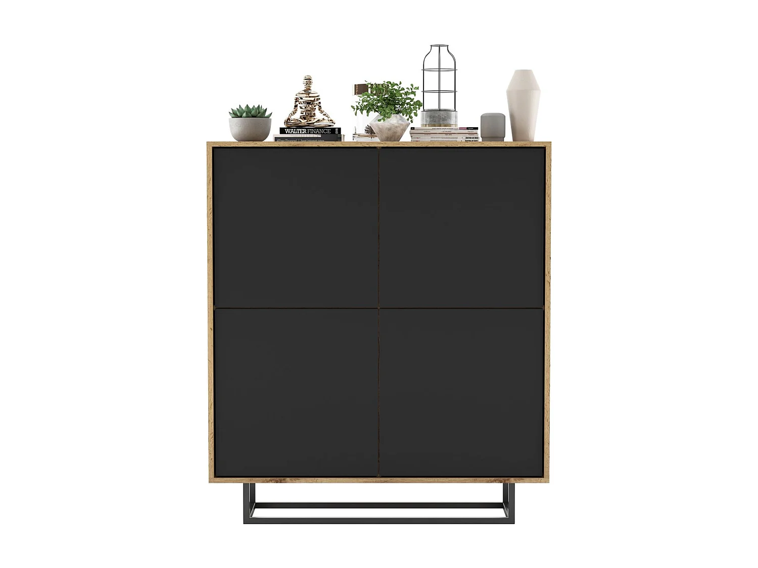 Commode avec 4 portes  - carcasse chêne wotan façades noir mat - 113 cm, cadre métallique