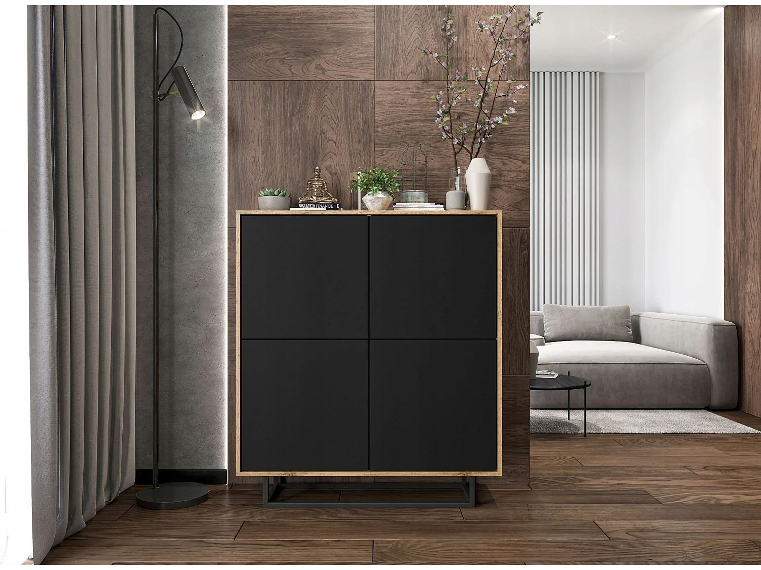 Commode avec 4 portes  - carcasse chêne wotan façades noir mat - 113 cm, cadre métallique