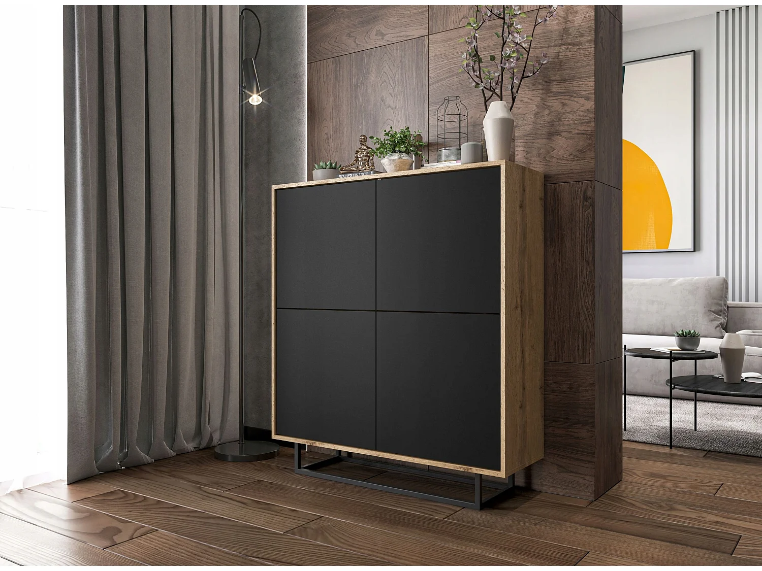 Commode avec 4 portes  - carcasse chêne wotan façades noir mat - 113 cm, cadre métallique