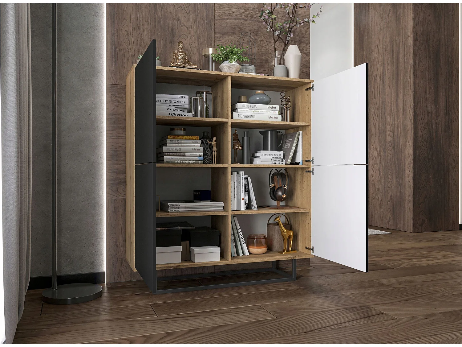 Commode avec 4 portes  - carcasse chêne wotan façades noir mat - 113 cm, cadre métallique