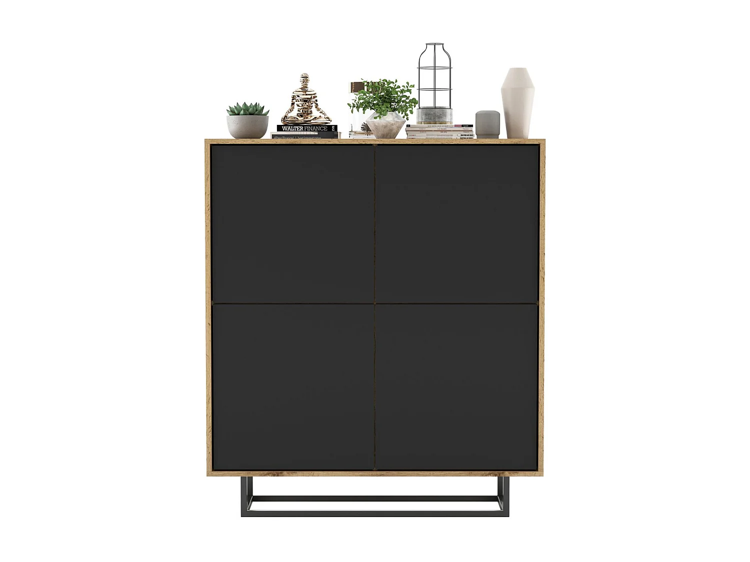 Commode avec 4 portes  - carcasse chêne wotan façades noir mat - 113 cm, cadre métallique