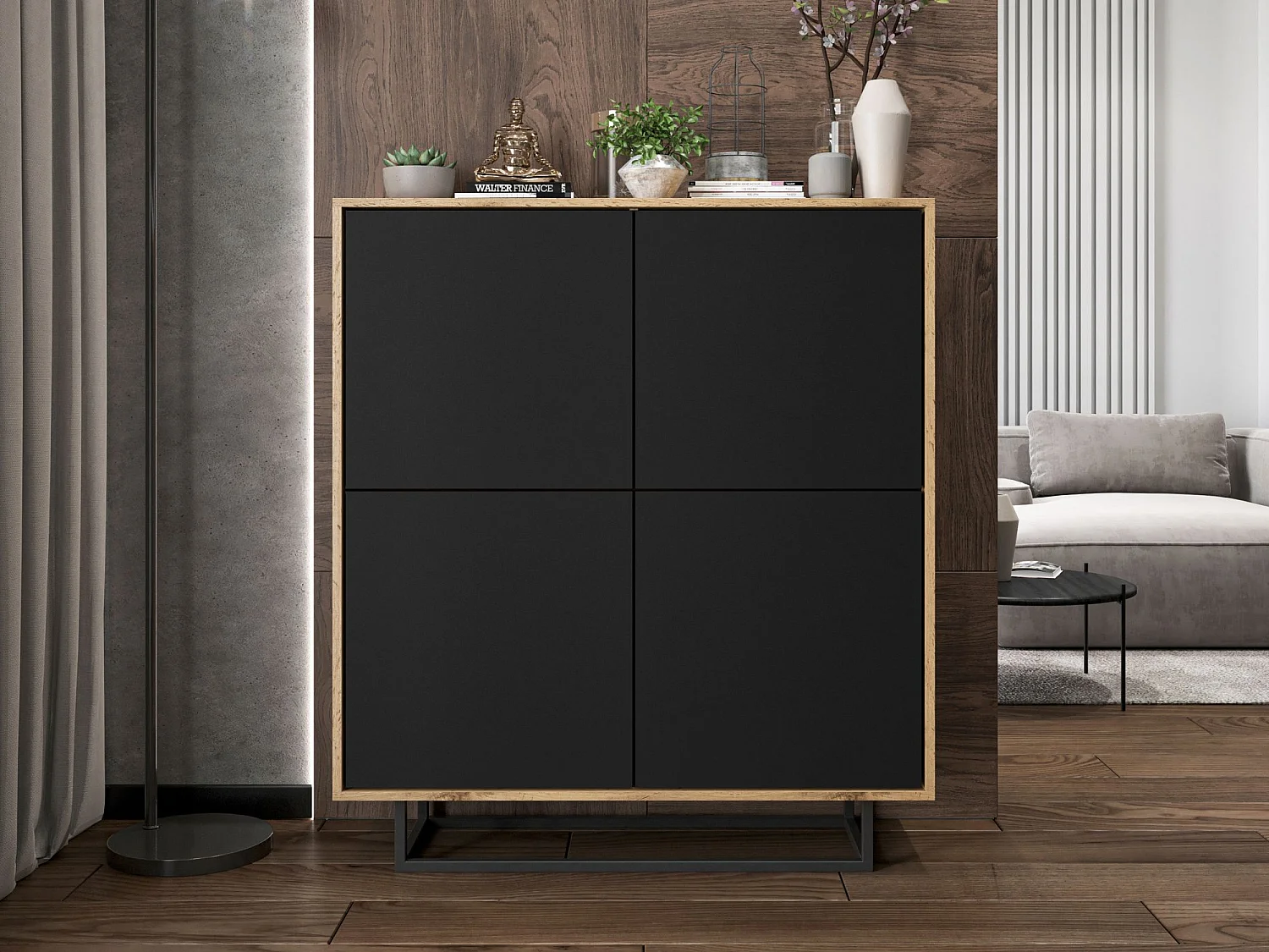 Commode avec 4 portes  - carcasse chêne wotan façades noir mat - 113 cm, cadre métallique