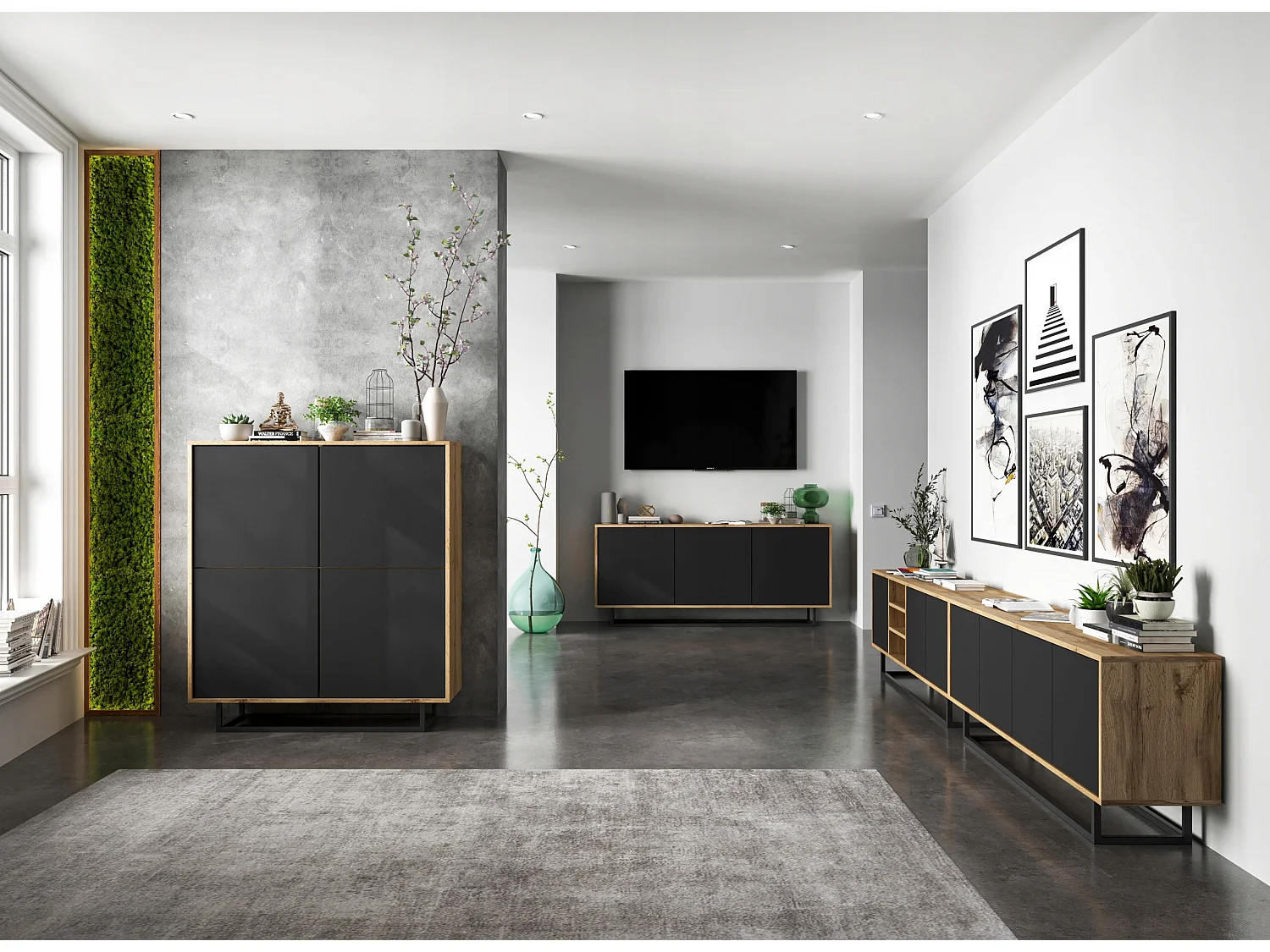 Commode avec 4 portes  - carcasse chêne wotan façades noir mat - 113 cm, cadre métallique