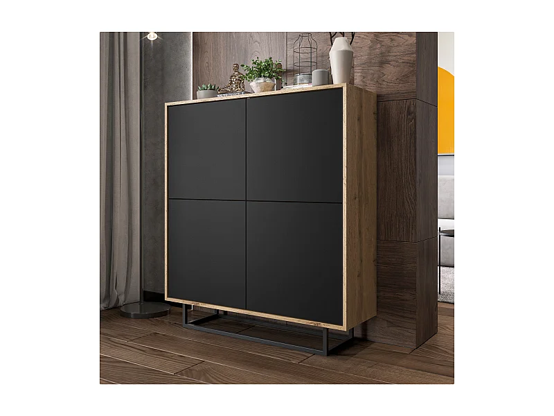 Commode avec 4 portes  - carcasse chêne wotan façades noir mat - 113 cm, cadre métallique