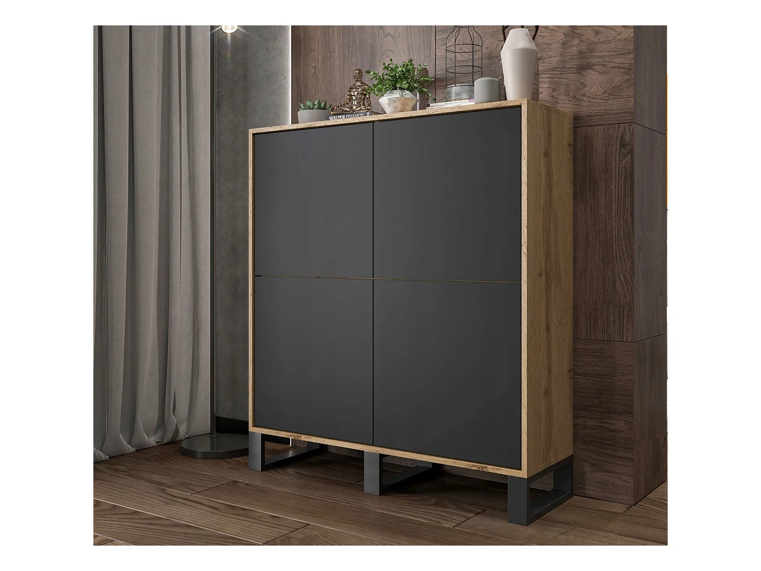Commode avec 4 portes  - carcasse chêne wotan façades noir mat - 113 cm, pieds en métal