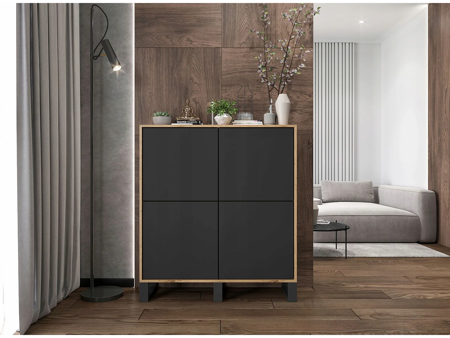 Commode avec 4 portes  - carcasse chêne wotan façades noir mat - 113 cm, pieds en métal