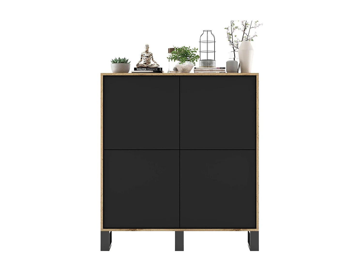 Commode avec 4 portes  - carcasse chêne wotan façades noir mat - 113 cm, pieds en métal