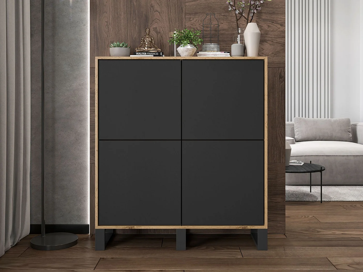 Commode avec 4 portes  - carcasse chêne wotan façades noir mat - 113 cm, pieds en métal