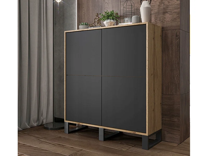 Commode avec 4 portes  - carcasse chêne wotan façades noir mat - 113 cm, pieds en métal