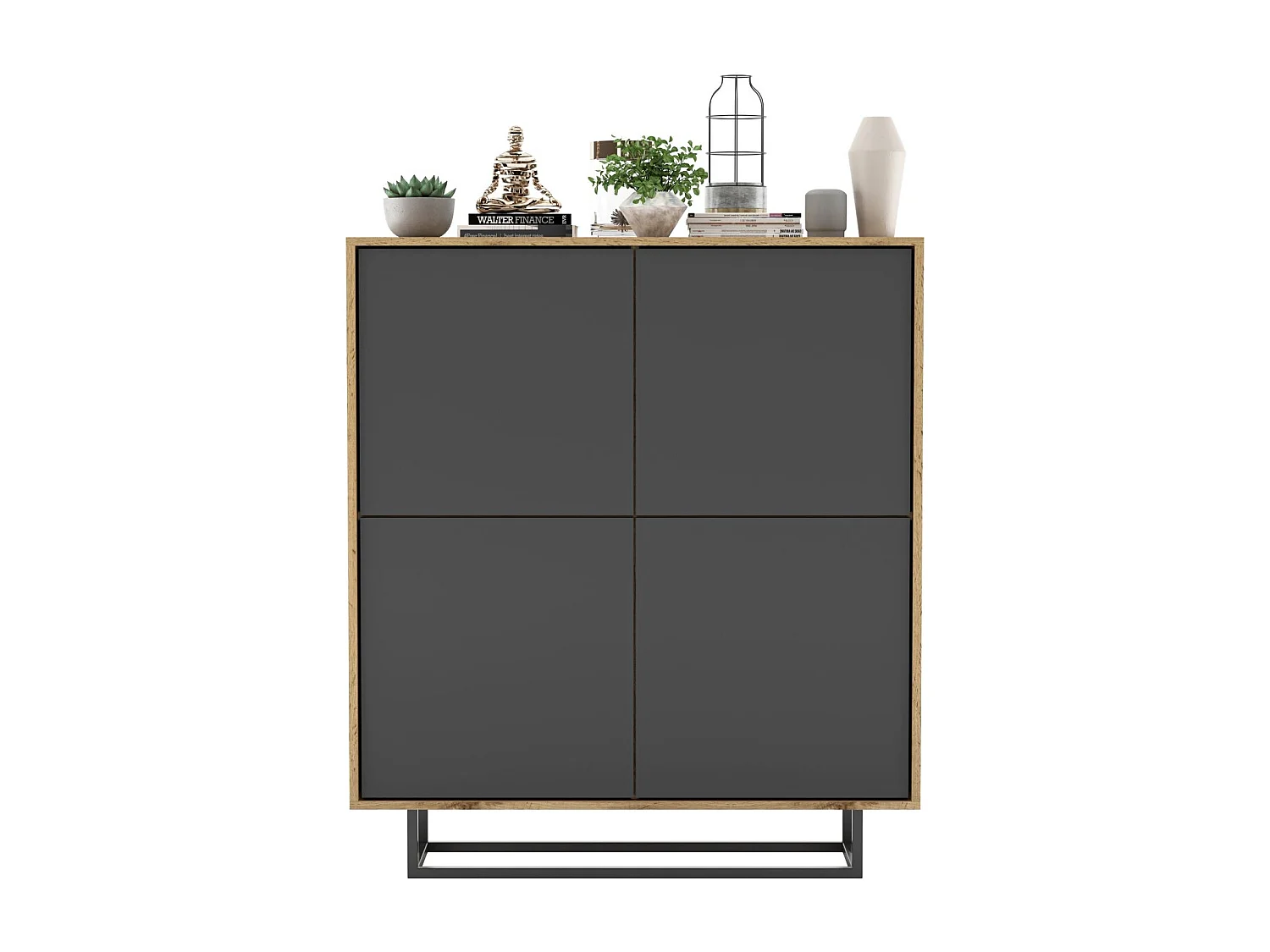Commode avec 4 portes  - carcasse chêne wotan façades graphite mat - 113 cm, cadre métallique