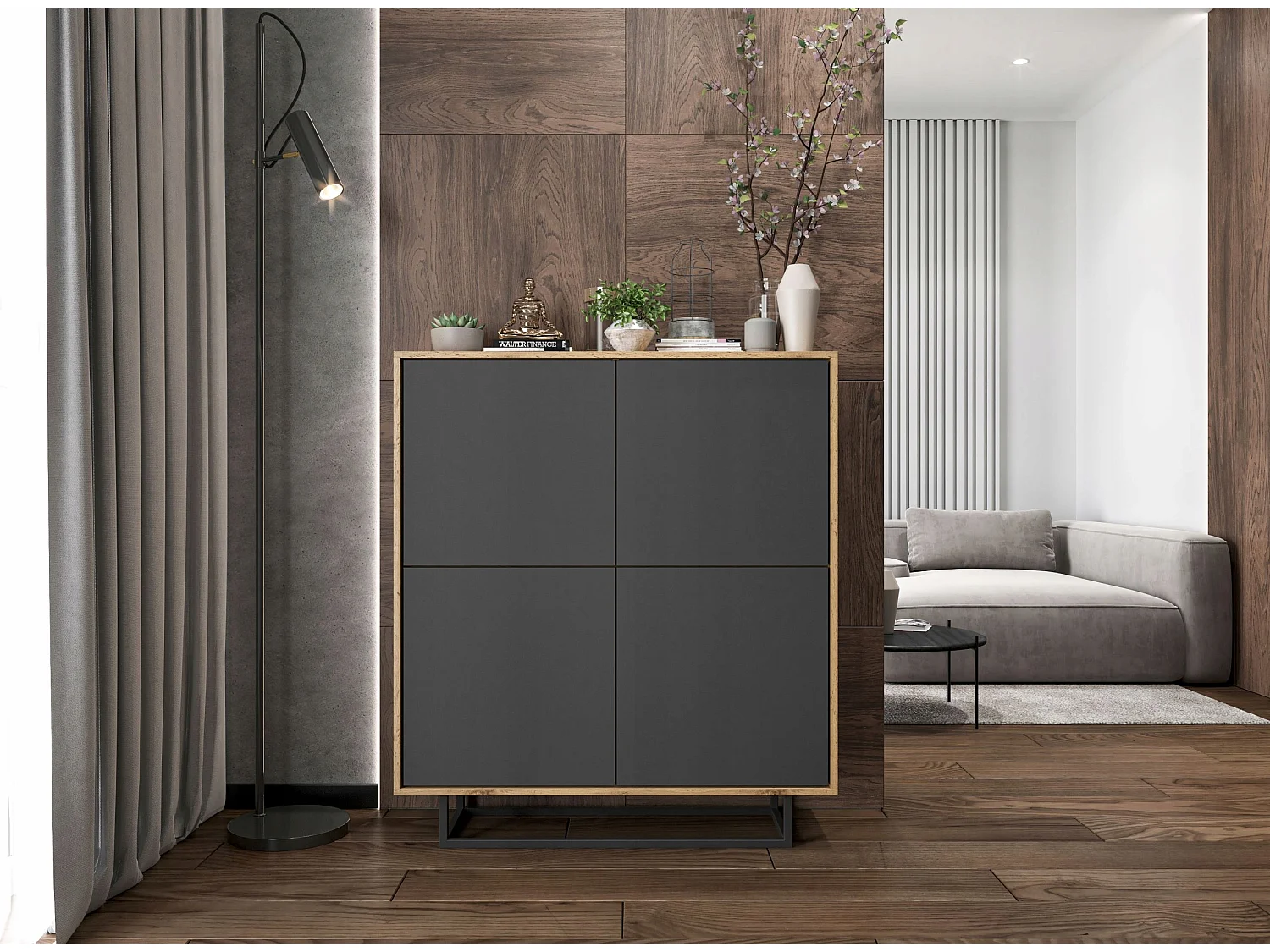 Commode avec 4 portes  - carcasse chêne wotan façades graphite mat - 113 cm, cadre métallique