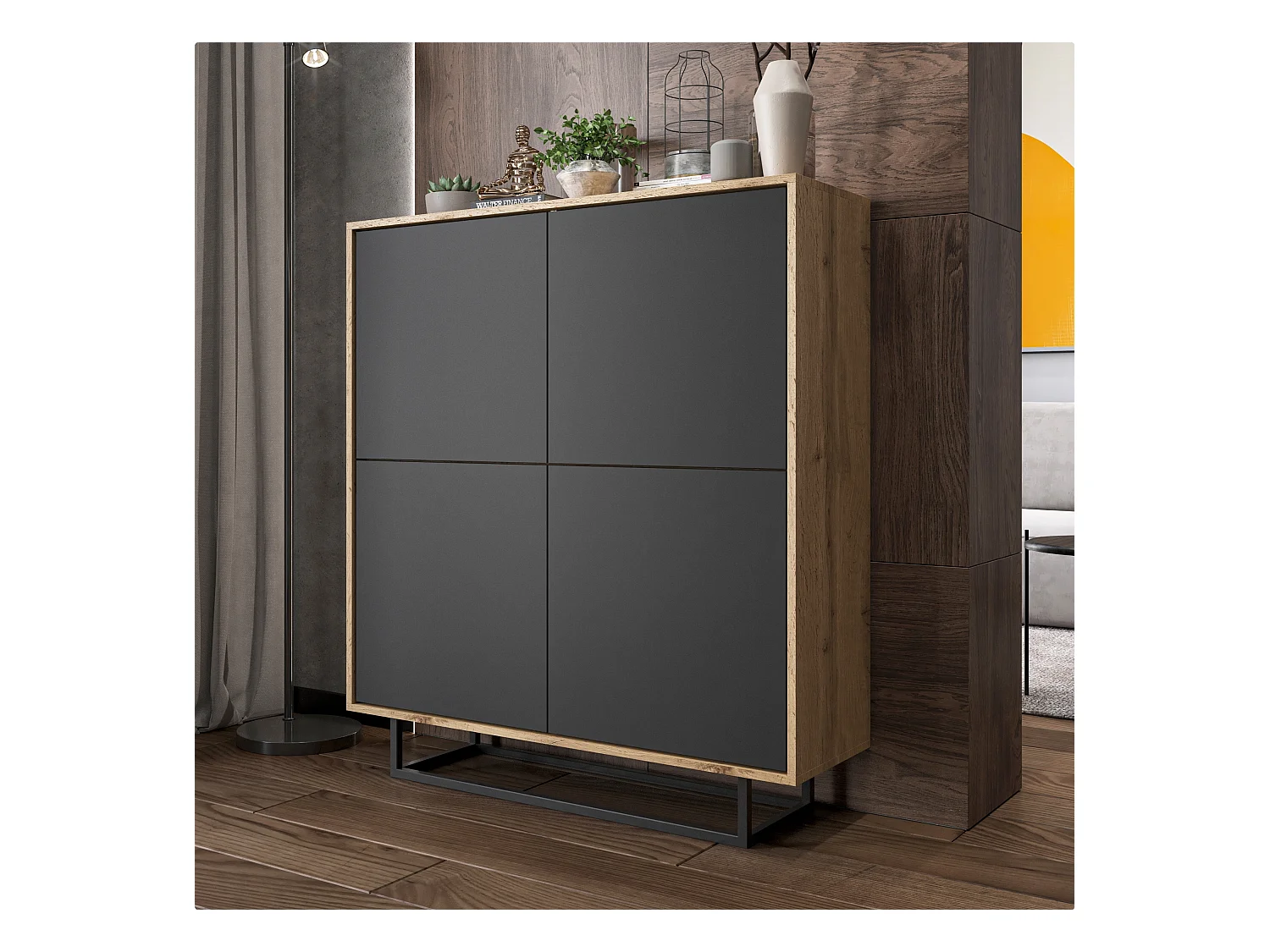 Commode avec 4 portes  - carcasse chêne wotan façades graphite mat - 113 cm, cadre métallique