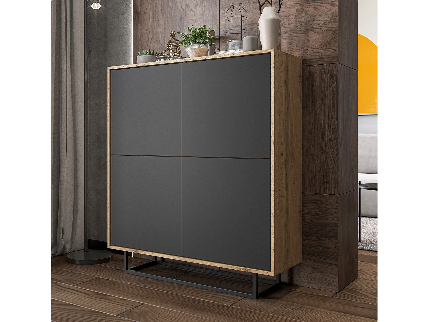 Commode avec 4 portes  - carcasse chêne wotan façades graphite mat - 113 cm, cadre métallique