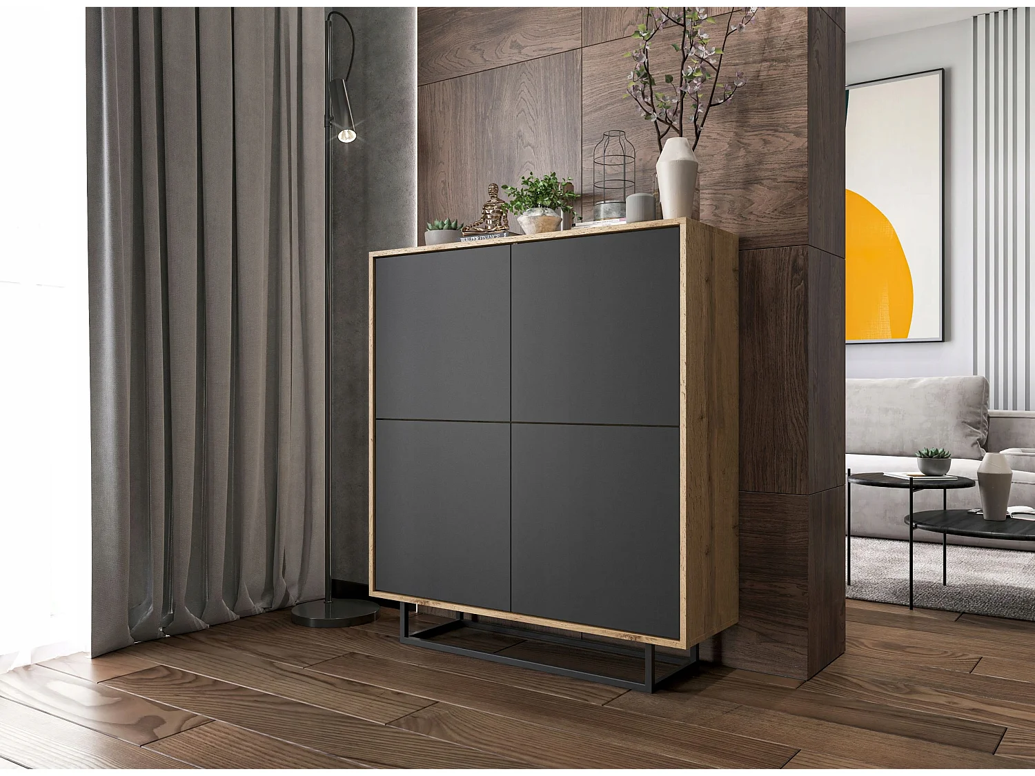 Commode avec 4 portes  - carcasse chêne wotan façades graphite mat - 113 cm, cadre métallique