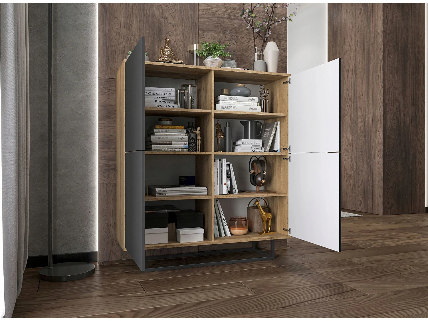 Commode avec 4 portes  - carcasse chêne wotan façades graphite mat - 113 cm, cadre métallique