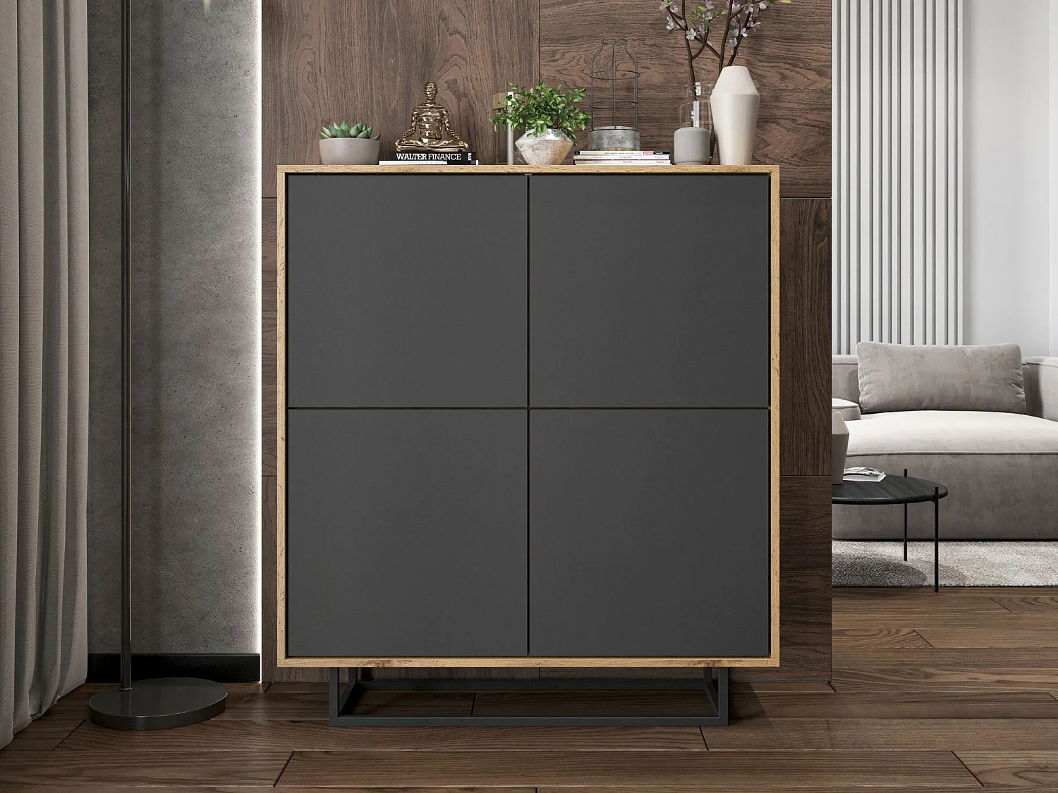 Commode avec 4 portes  - carcasse chêne wotan façades graphite mat - 113 cm, cadre métallique