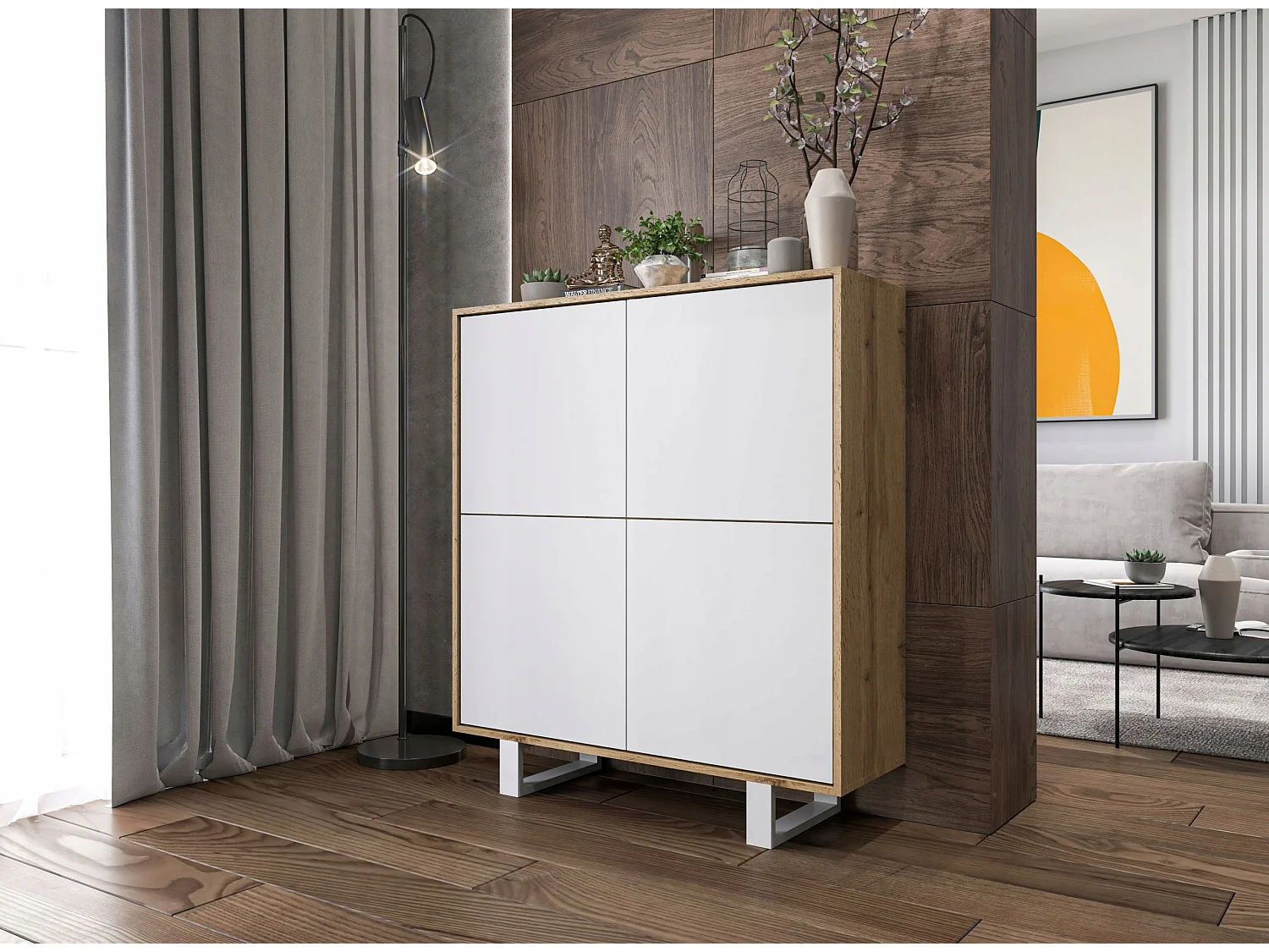 Commode avec 4 portes  - carcasse chêne wotan façades blanc mat - 113 cm, pieds en métal