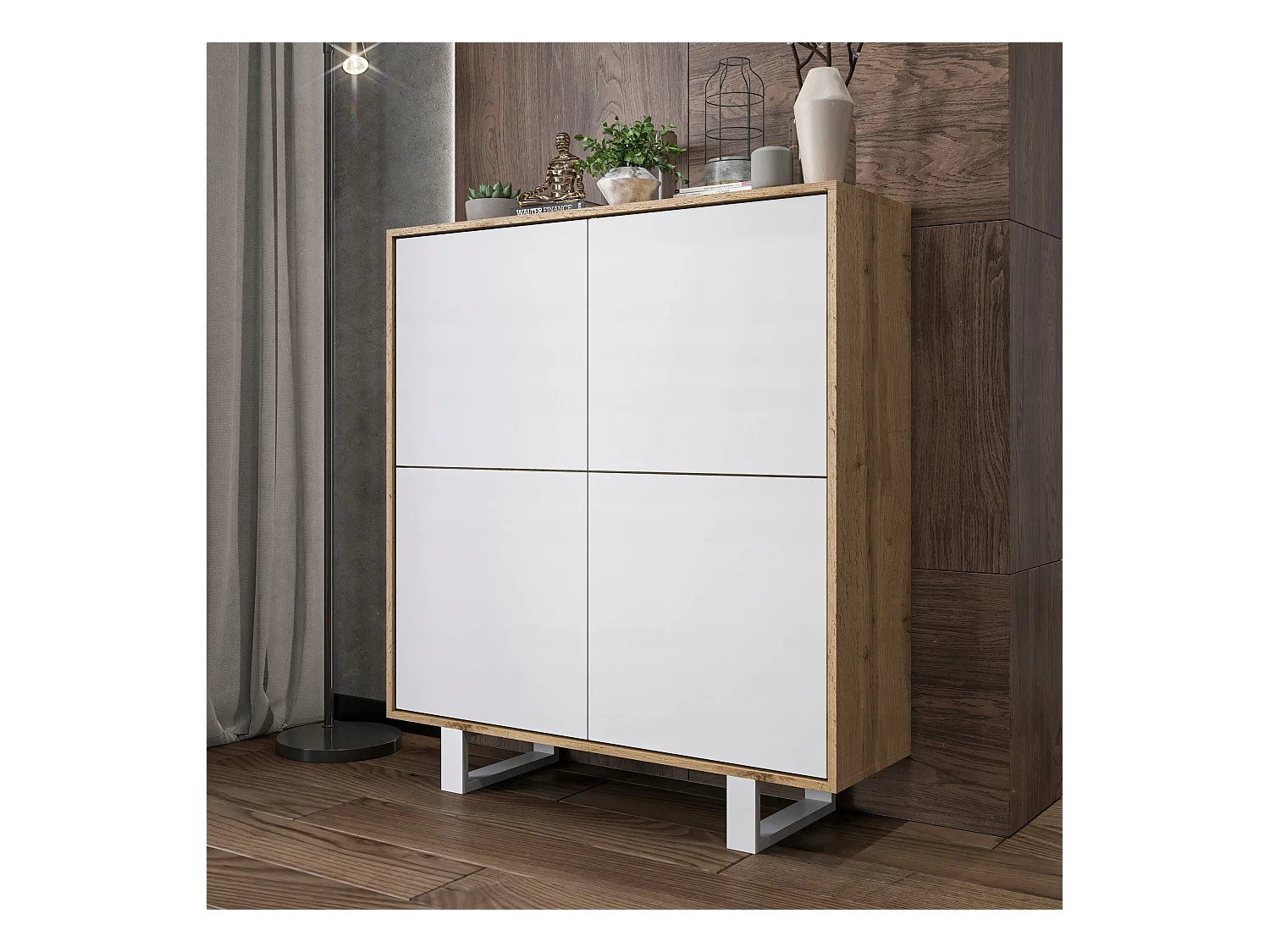 Commode avec 4 portes  - carcasse chêne wotan façades blanc mat - 113 cm, pieds en métal