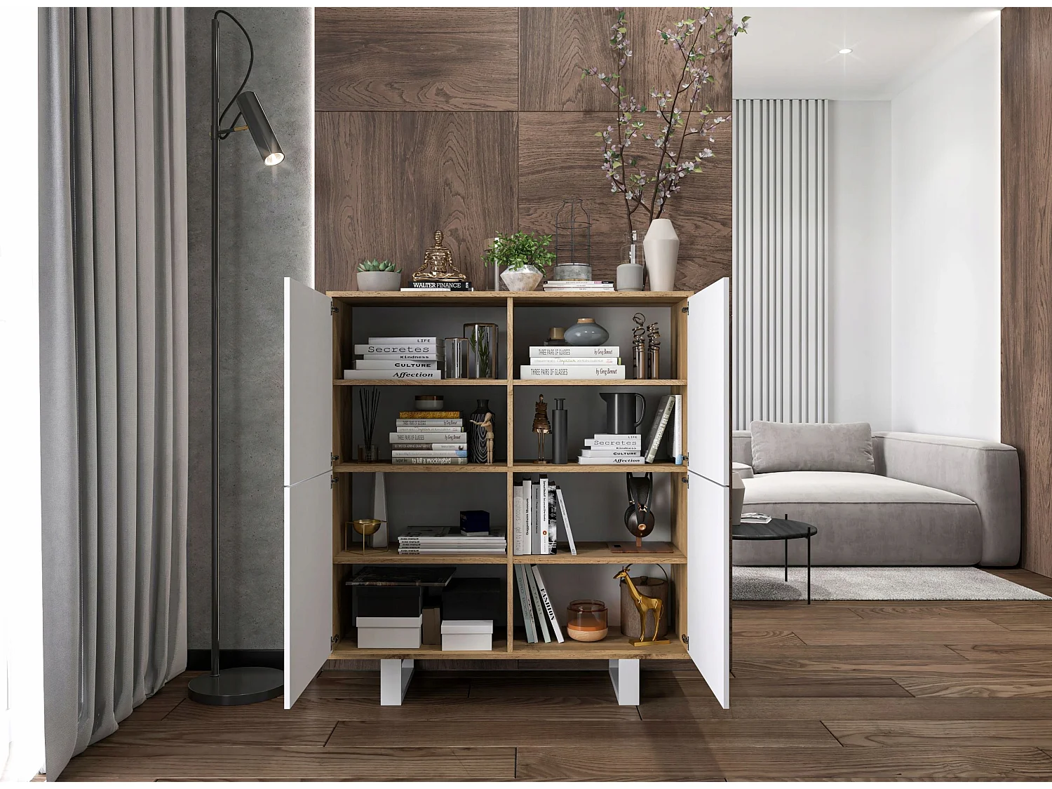 Cômoda com 4 portas – corpo carvalho wotan frentes branco mate – 113 cm, pés metálicos