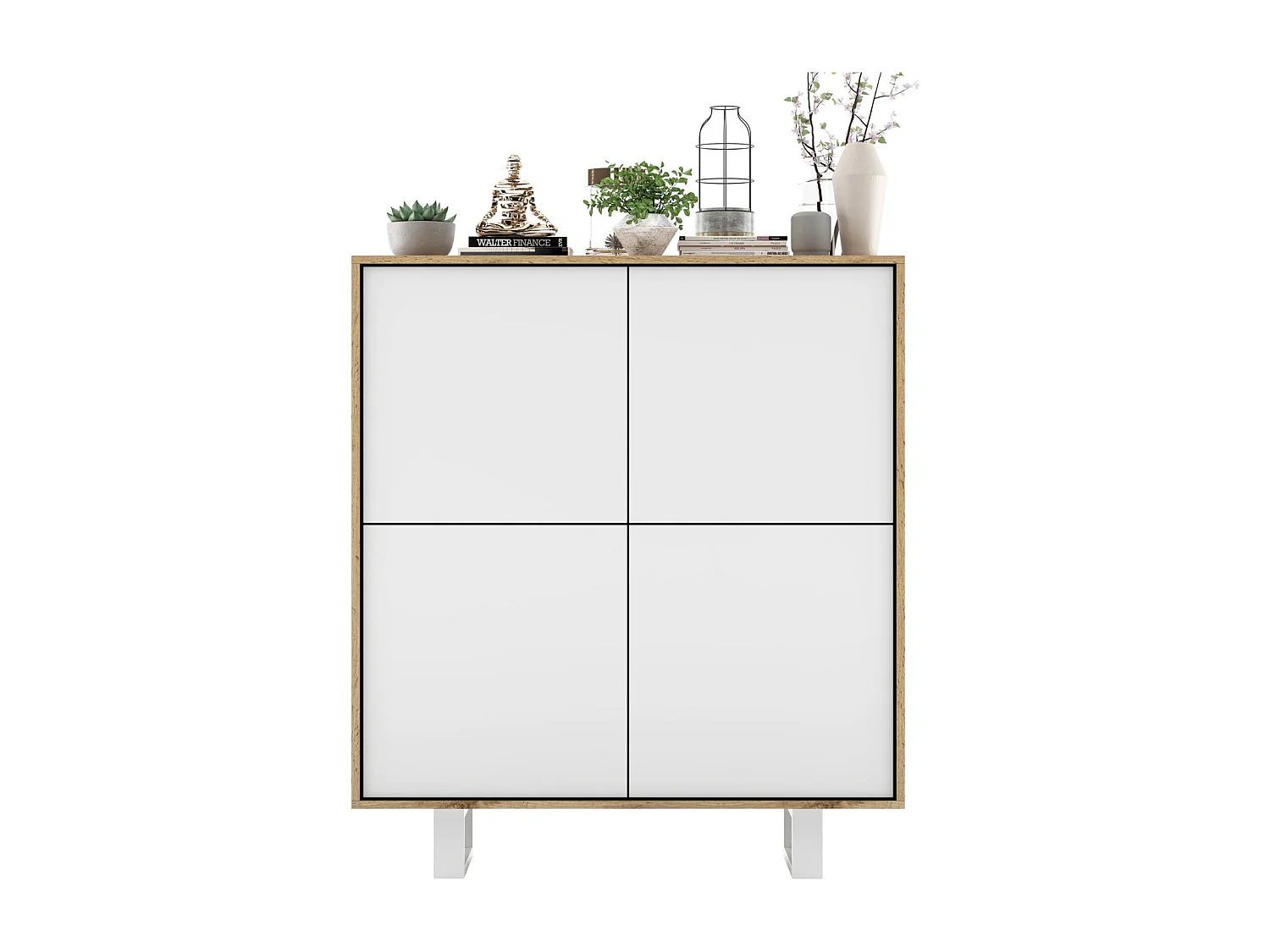 Commode avec 4 portes  - carcasse chêne wotan façades blanc mat - 113 cm, pieds en métal