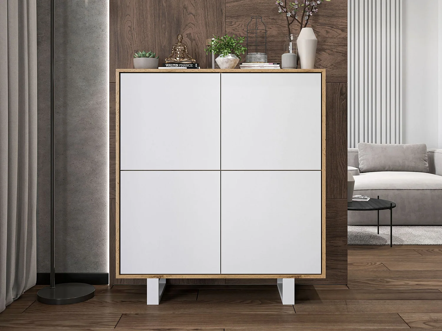 Commode avec 4 portes  - carcasse chêne wotan façades blanc mat - 113 cm, pieds en métal