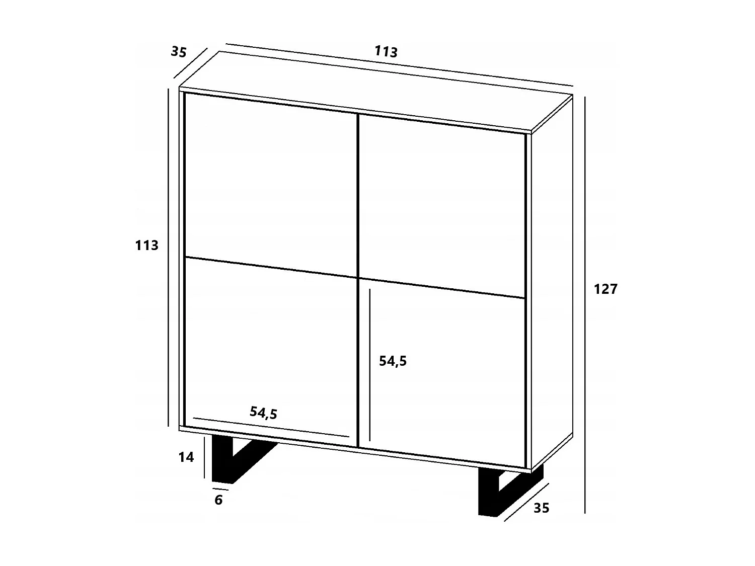 Commode avec 4 portes  - carcasse chêne wotan façades blanc mat - 113 cm, pieds en métal