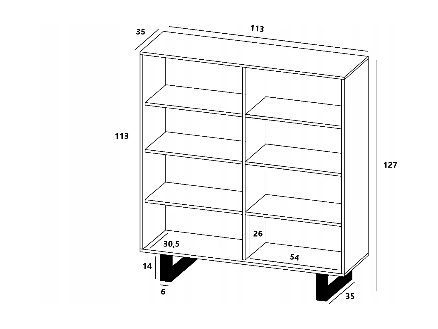Commode avec 4 portes  - carcasse chêne wotan façades blanc mat - 113 cm, pieds en métal