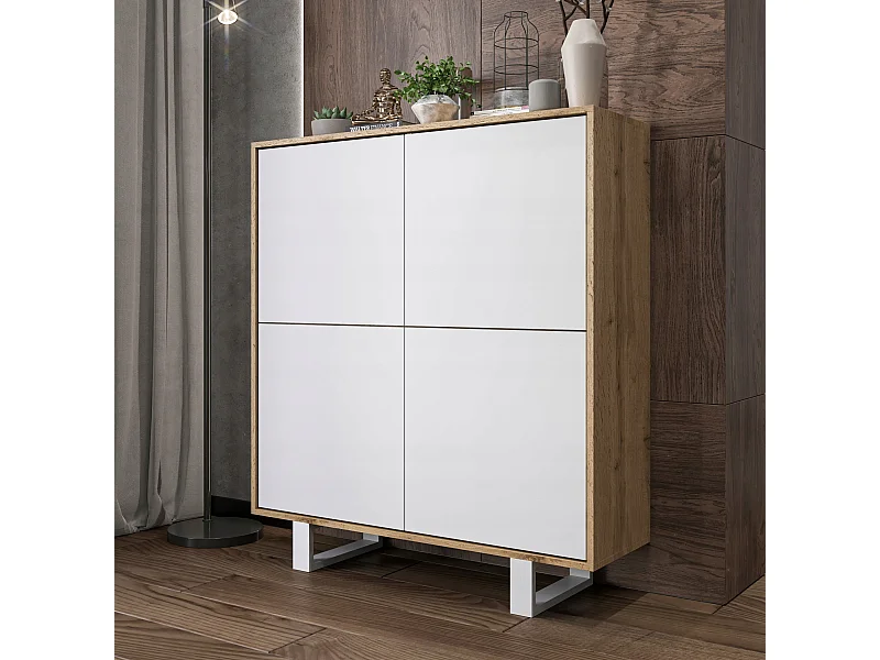 Commode avec 4 portes  - carcasse chêne wotan façades blanc mat - 113 cm, pieds en métal