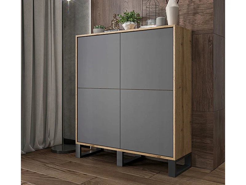 Commode avec 4 portes  - carcasse chêne wotan façades graphite mat - 113 cm, pieds en métal