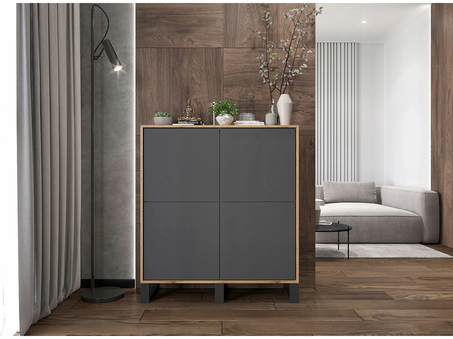 Commode avec 4 portes  - carcasse chêne wotan façades graphite mat - 113 cm, pieds en métal