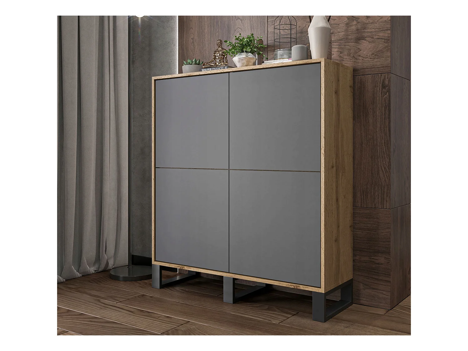 Commode avec 4 portes  - carcasse chêne wotan façades graphite mat - 113 cm, pieds en métal