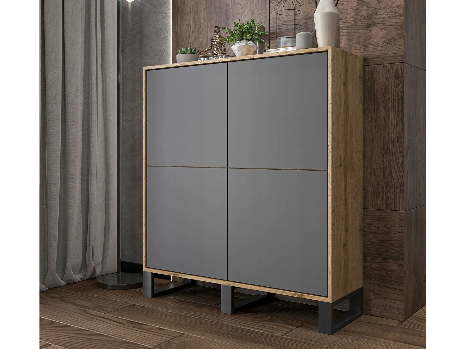 Commode avec 4 portes  - carcasse chêne wotan façades graphite mat - 113 cm, pieds en métal