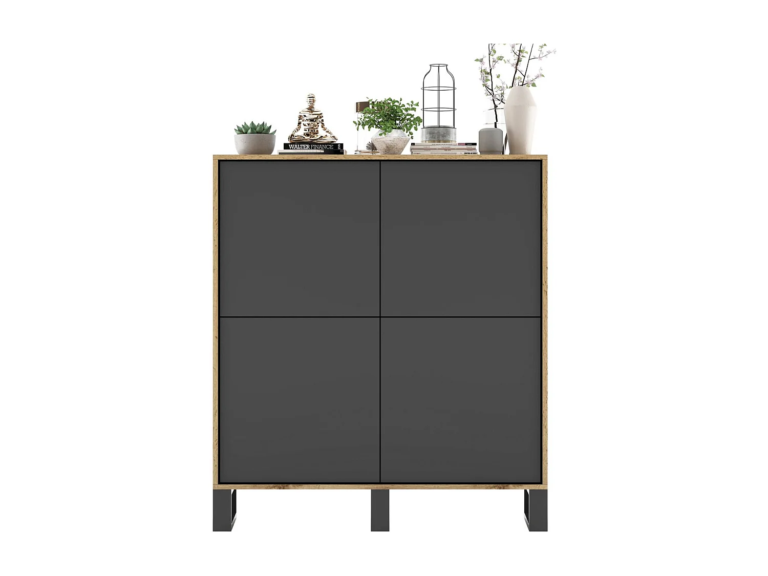 Commode avec 4 portes  - carcasse chêne wotan façades graphite mat - 113 cm, pieds en métal