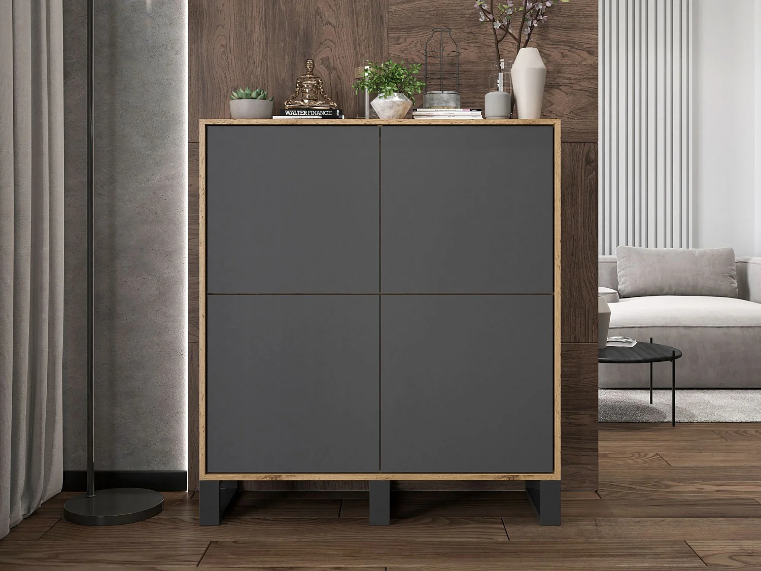 Commode avec 4 portes  - carcasse chêne wotan façades graphite mat - 113 cm, pieds en métal