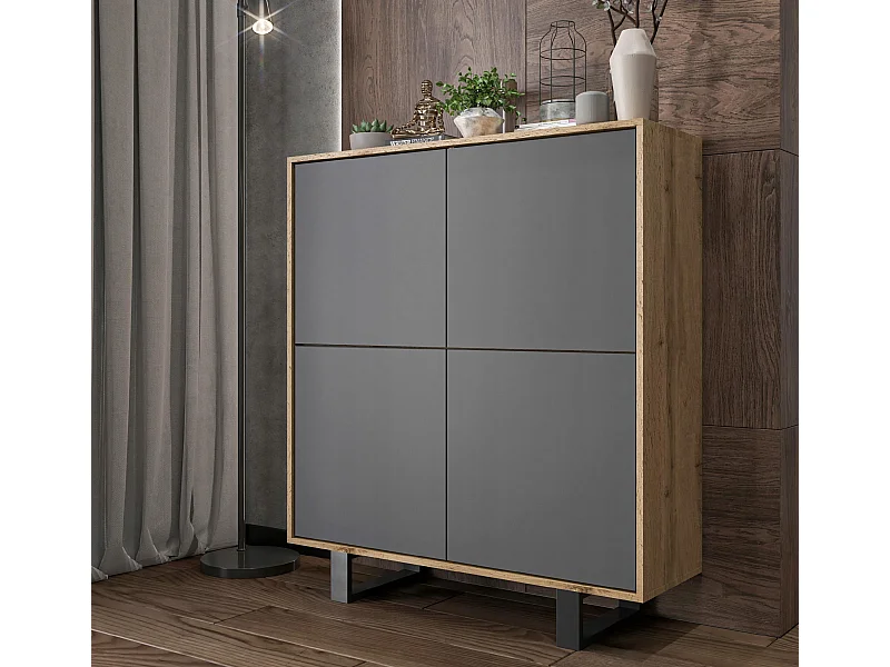 Commode avec 4 portes  - carcasse chêne wotan façades graphite mat - 113 cm, pieds en métal
