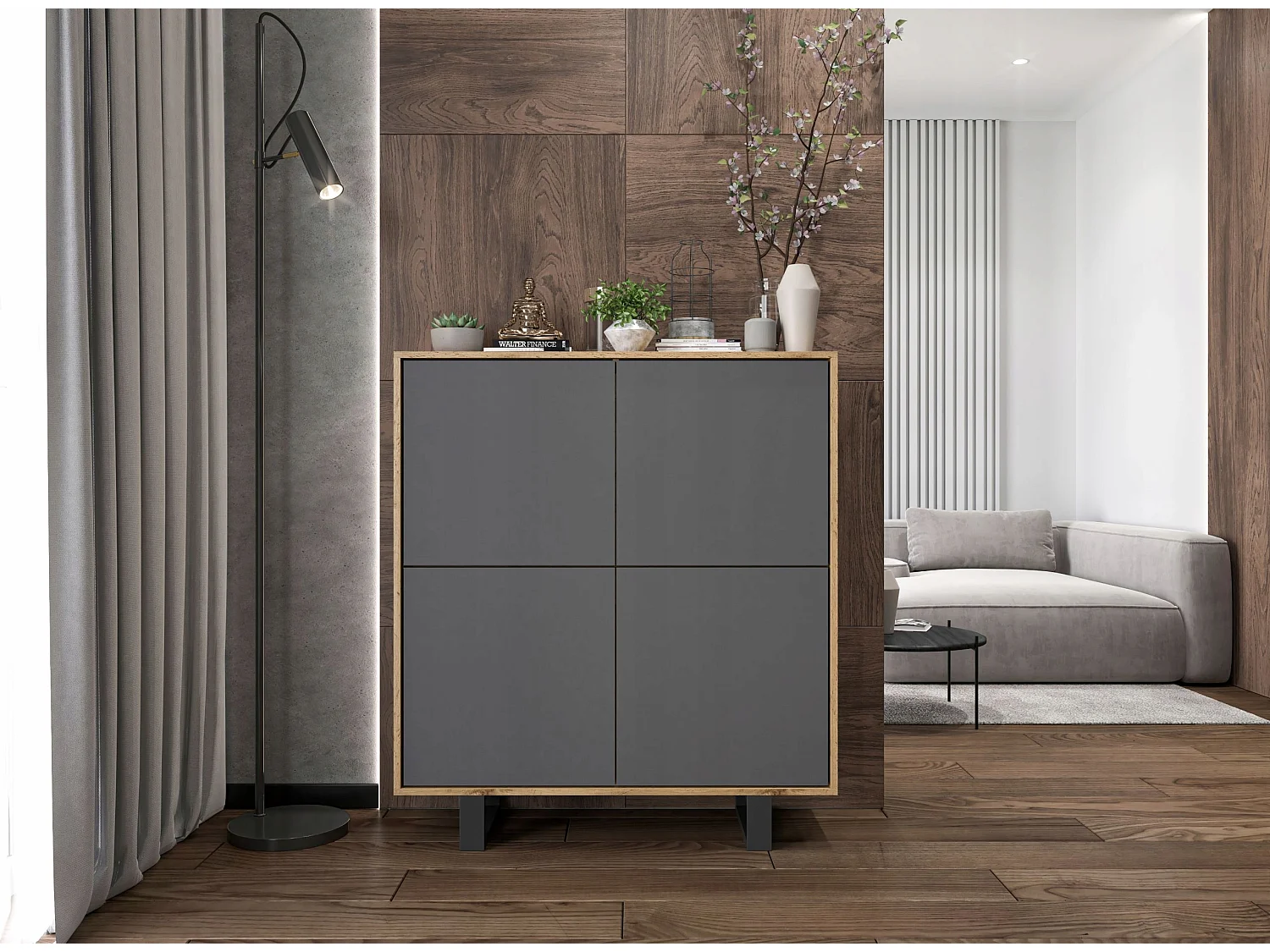 Commode avec 4 portes  - carcasse chêne wotan façades graphite mat - 113 cm, pieds en métal