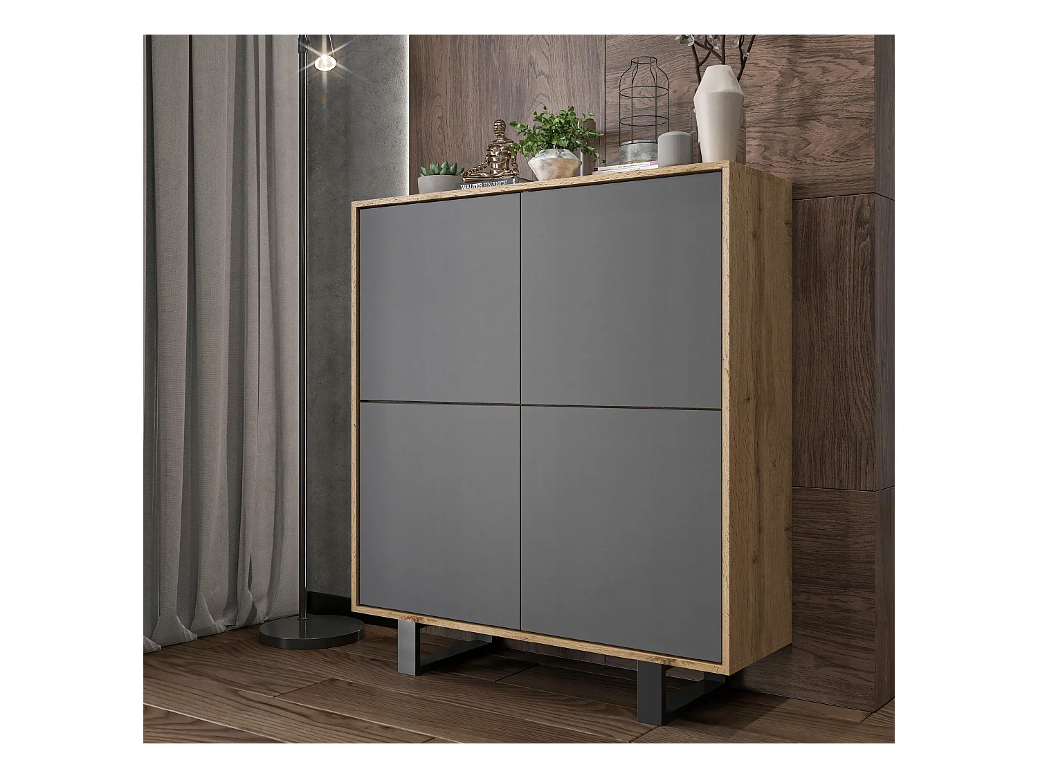 Commode avec 4 portes  - carcasse chêne wotan façades graphite mat - 113 cm, pieds en métal