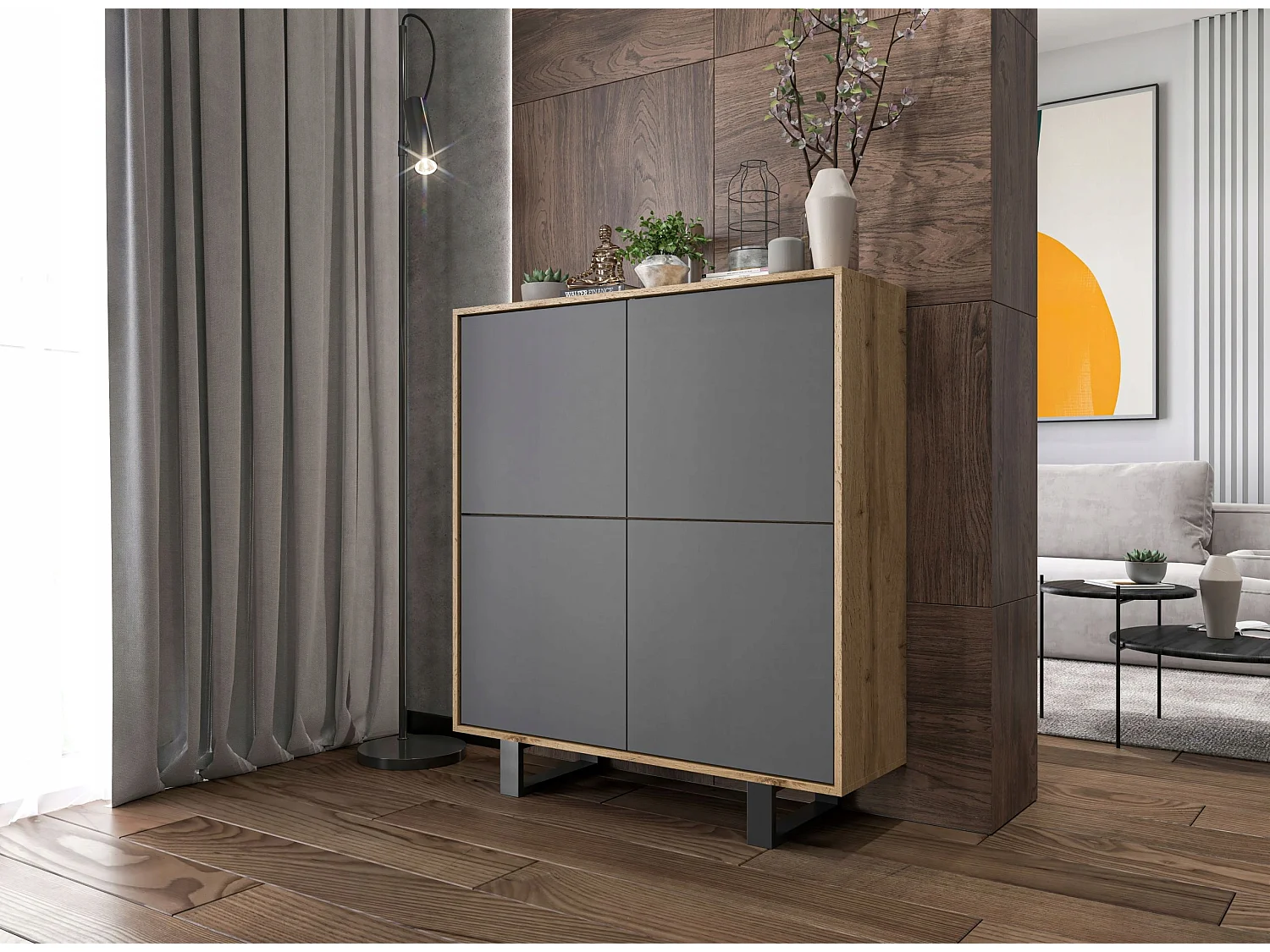 Commode avec 4 portes  - carcasse chêne wotan façades graphite mat - 113 cm, pieds en métal