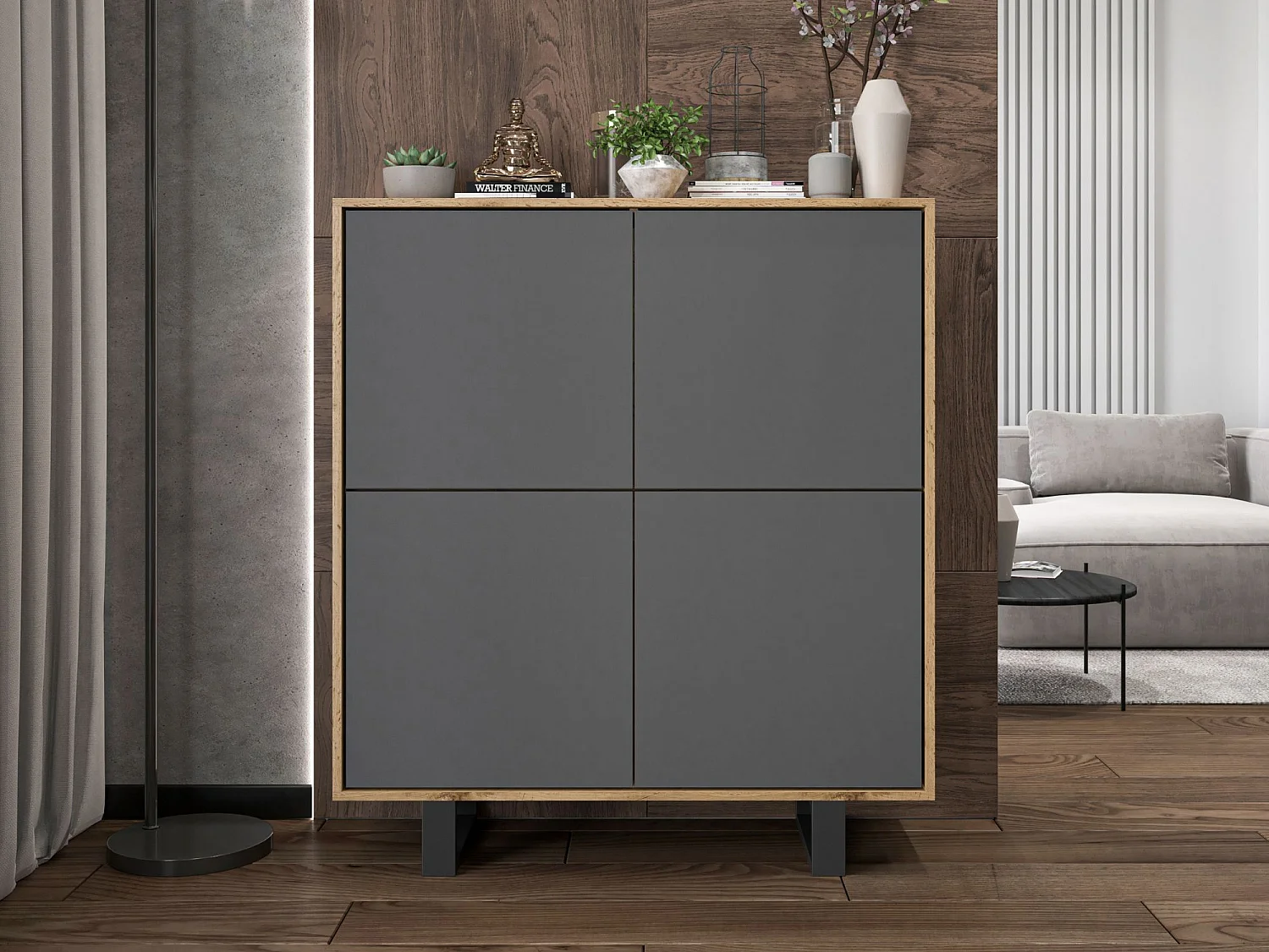 Commode avec 4 portes  - carcasse chêne wotan façades graphite mat - 113 cm, pieds en métal