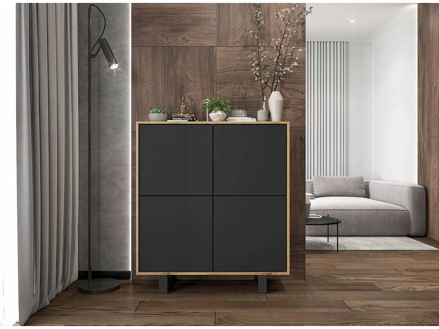 Commode avec 4 portes  - carcasse chêne wotan façades noir mat - 113 cm, pieds en métal