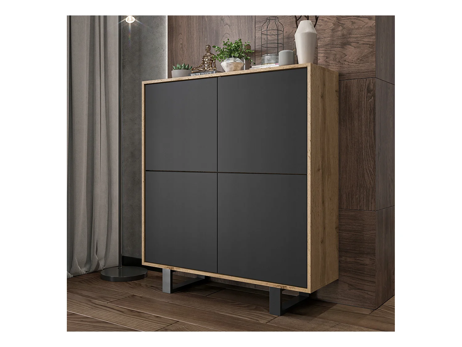 Commode avec 4 portes  - carcasse chêne wotan façades noir mat - 113 cm, pieds en métal