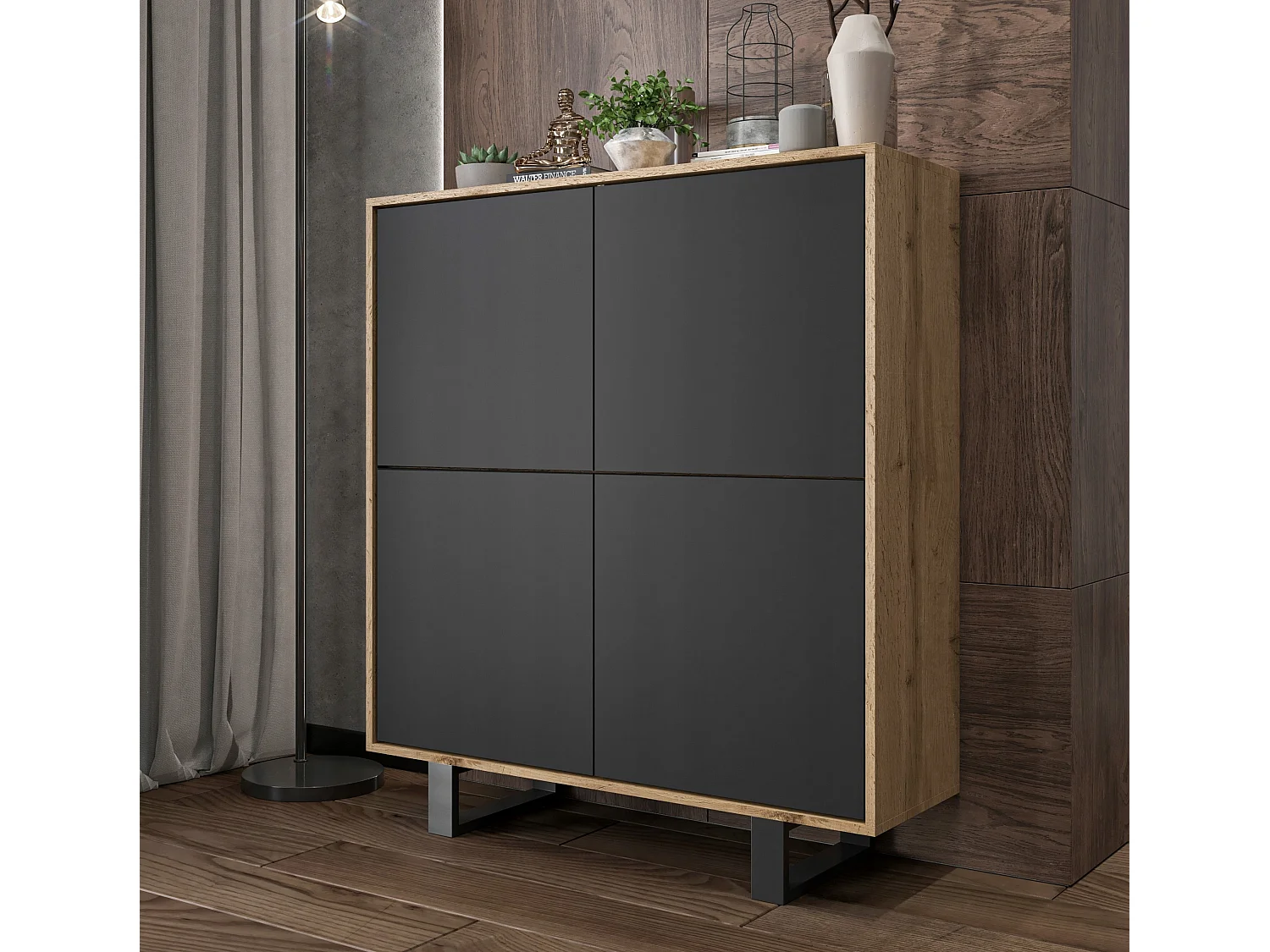 Commode avec 4 portes  - carcasse chêne wotan façades noir mat - 113 cm, pieds en métal