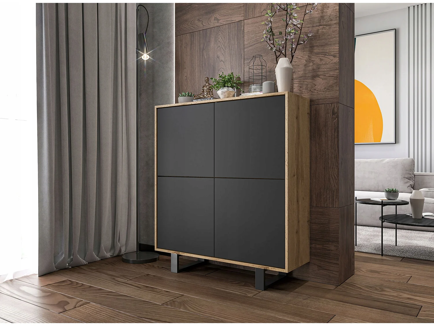 Commode avec 4 portes  - carcasse chêne wotan façades noir mat - 113 cm, pieds en métal