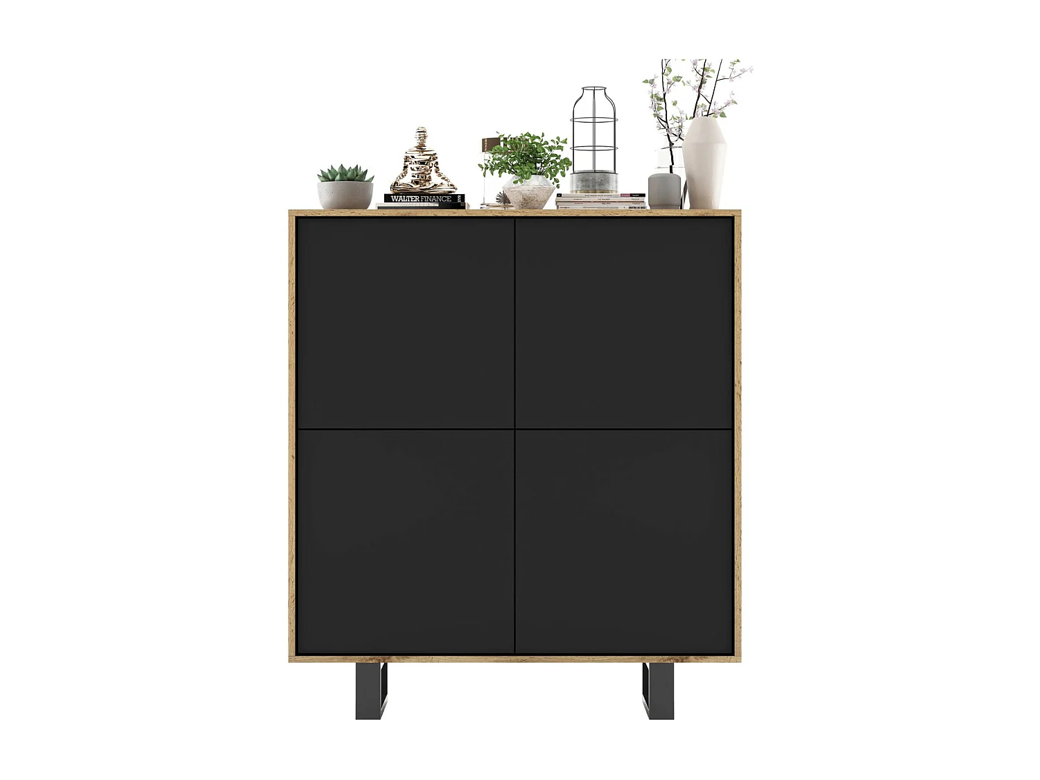 Commode avec 4 portes  - carcasse chêne wotan façades noir mat - 113 cm, pieds en métal