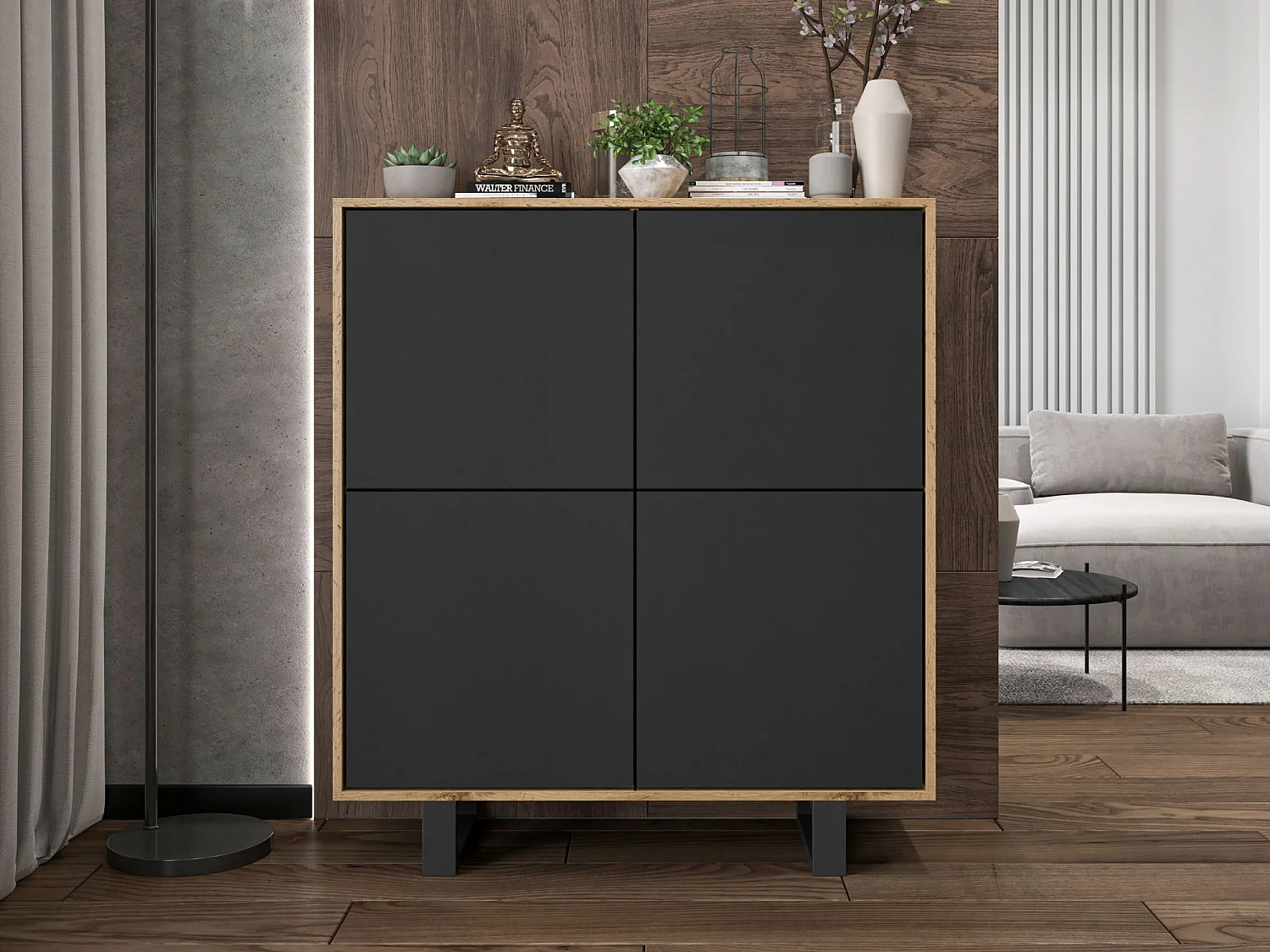 Commode avec 4 portes  - carcasse chêne wotan façades noir mat - 113 cm, pieds en métal