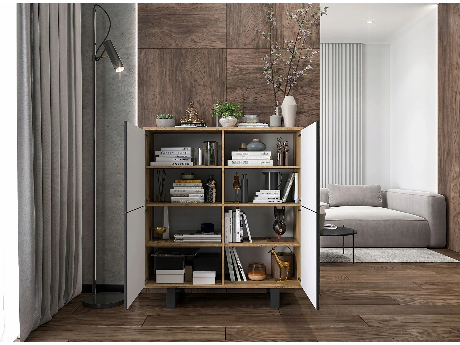 Commode avec 4 portes  - carcasse chêne wotan façades noir mat - 113 cm, pieds en métal